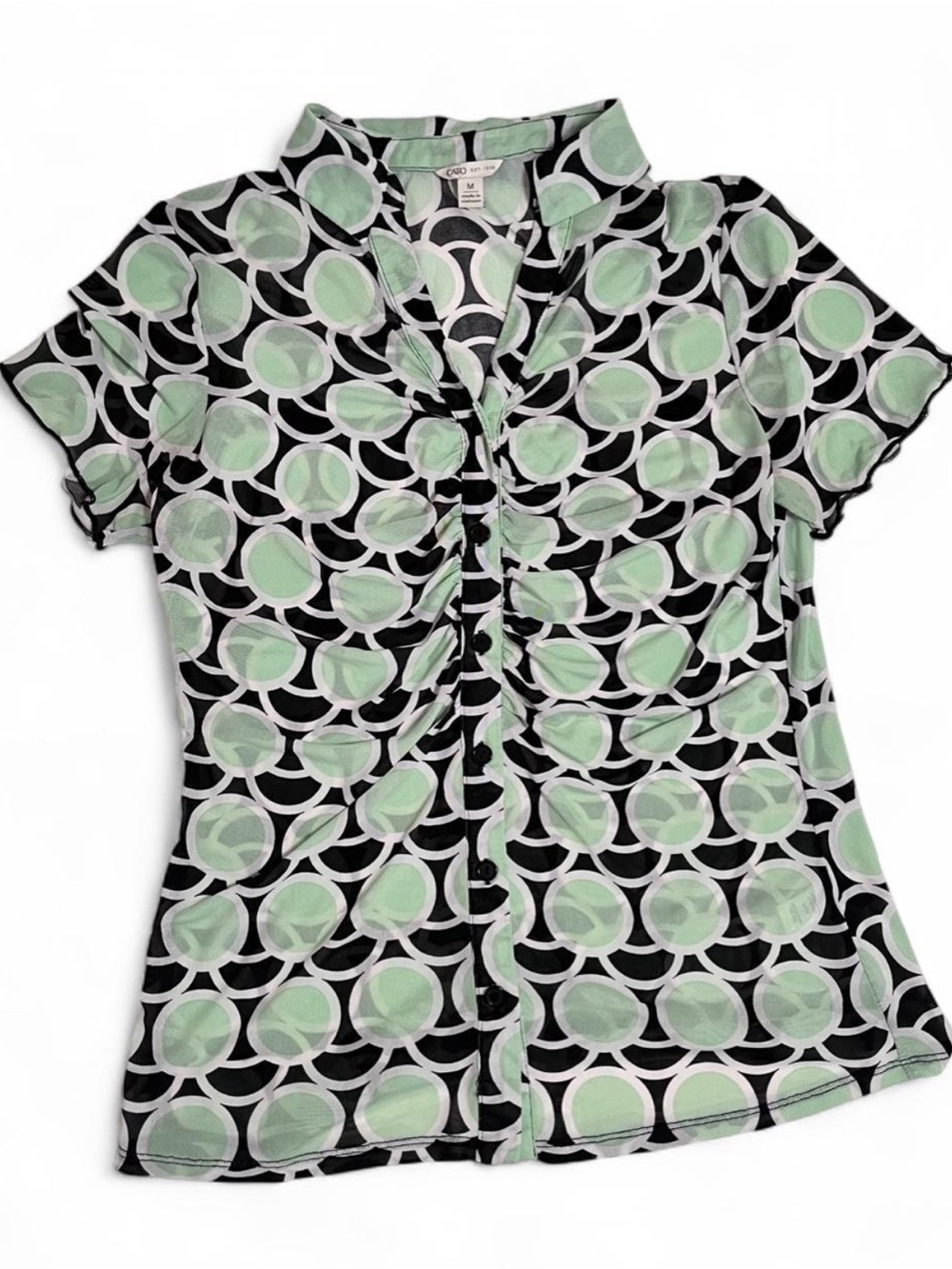 Cato Mint Green and Black “Mod” Pattern Sheer Short Sleeve Blouse